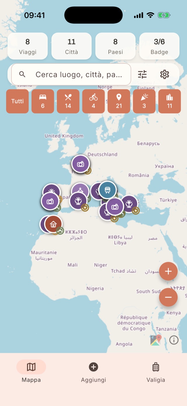 La mappa di OYWA con i luoghi visitati in Europa e i filtri per categoria